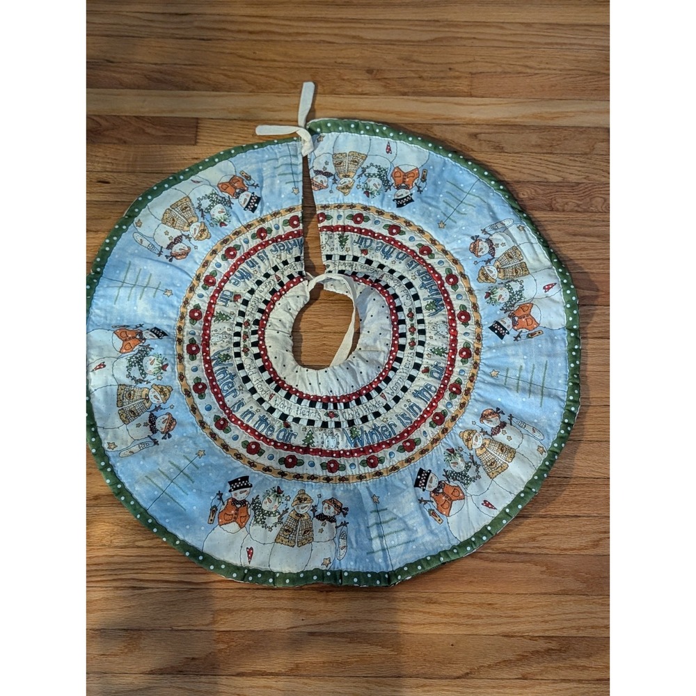 Handcrafted Reversible Quilted Christmas Tree Skirt Snowman/Poinsettia 30" VTG